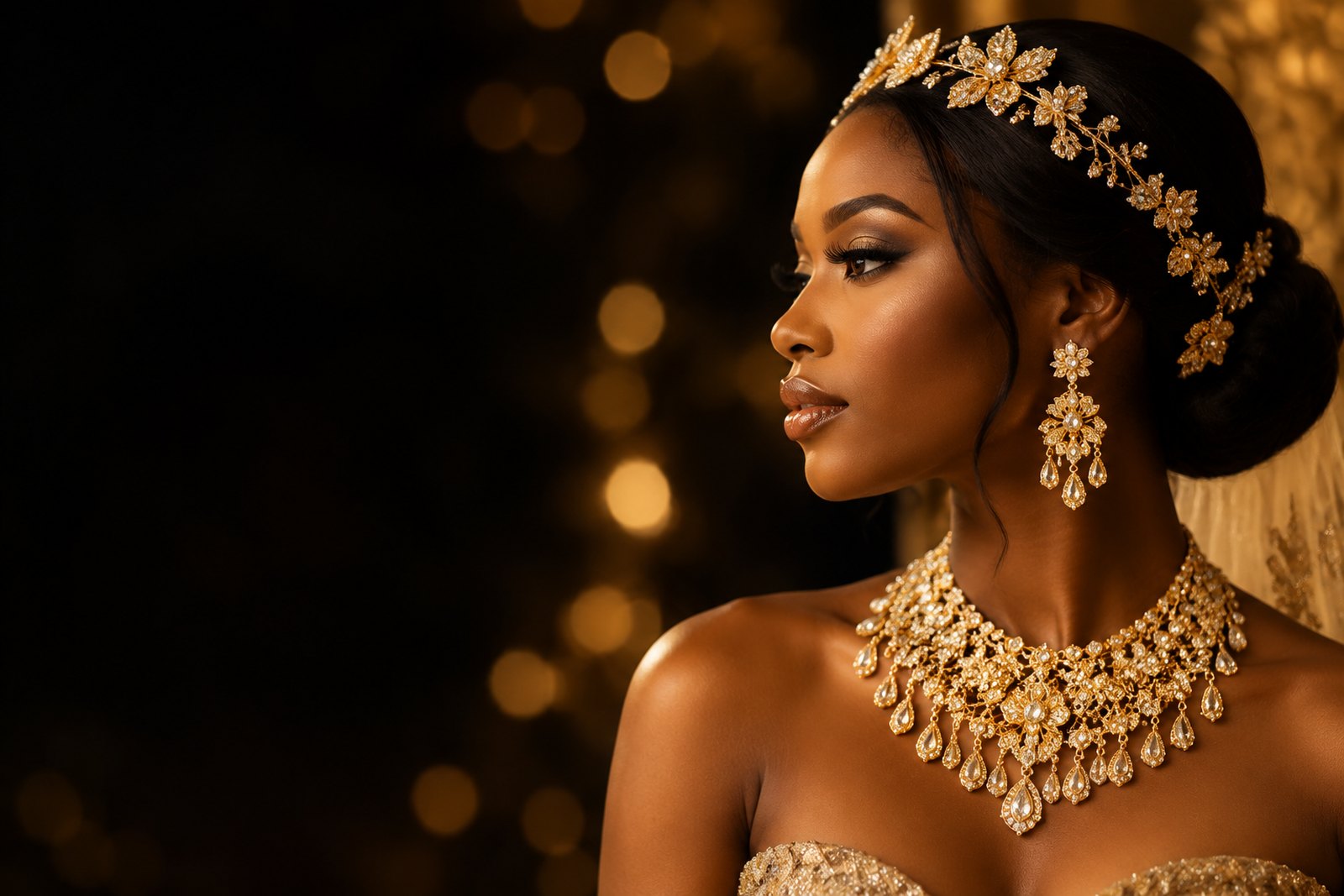 Model wearing EsstyJewel gold plated bridal set